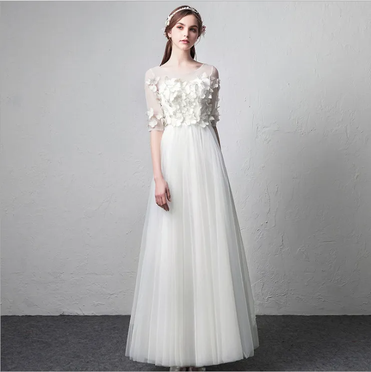 White Long-Sleeved Flower Decoration Elegant Long Dinner Party Bride Dress