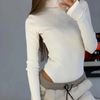 Women Slim-Fit Knitted High-Necked Long-Sleeved Solid Color Basic Rib-Knit Bodysuit