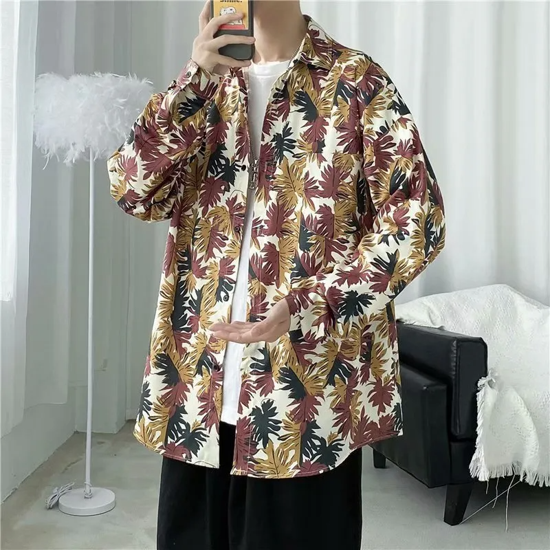 Men Casual Multicolor Leaf Print Single Breasted Lapel Long Sleeve Loose Shirt