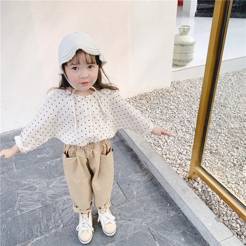 Girls Basic Long Sleeve Polka Dot Single-Breasted Blouse