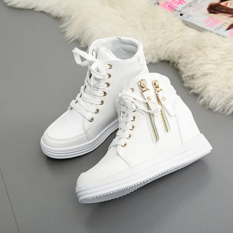 Women Fashion Solid Color Side Zipper Lace-Up Round Head Thick-Soled Sneakers