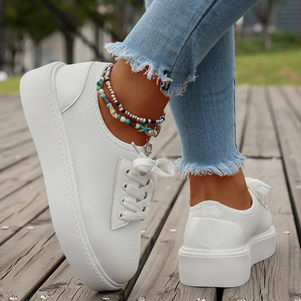 Women Fashion Plus Size Mesh Breathable Lace-Up Round-Toe Sneakers