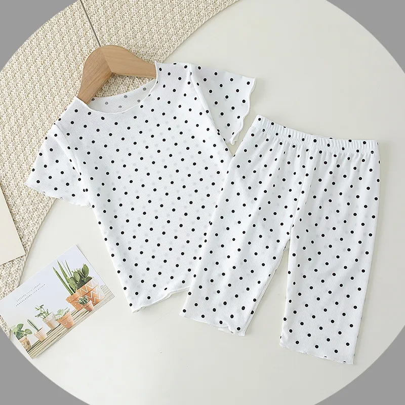 Girls Casual Round Neck Short Sleeve Polka Dot Top And Pants Pajama Set