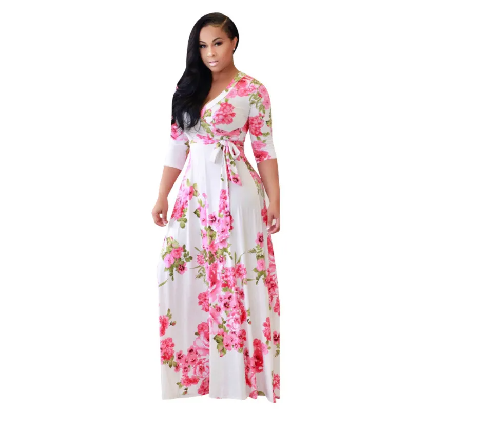 (Buy 1 Get 1) Women Ramadan /Eid Fashion Sexy Floral Printing V Neck Long Sleeve Dress