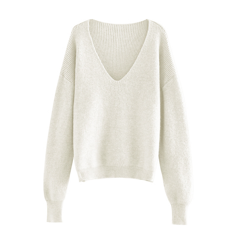 Women Fashion Solid Color Thickened Long-Sleeved Loose Lazy Style V-Neck Pullover Knitted Sweater