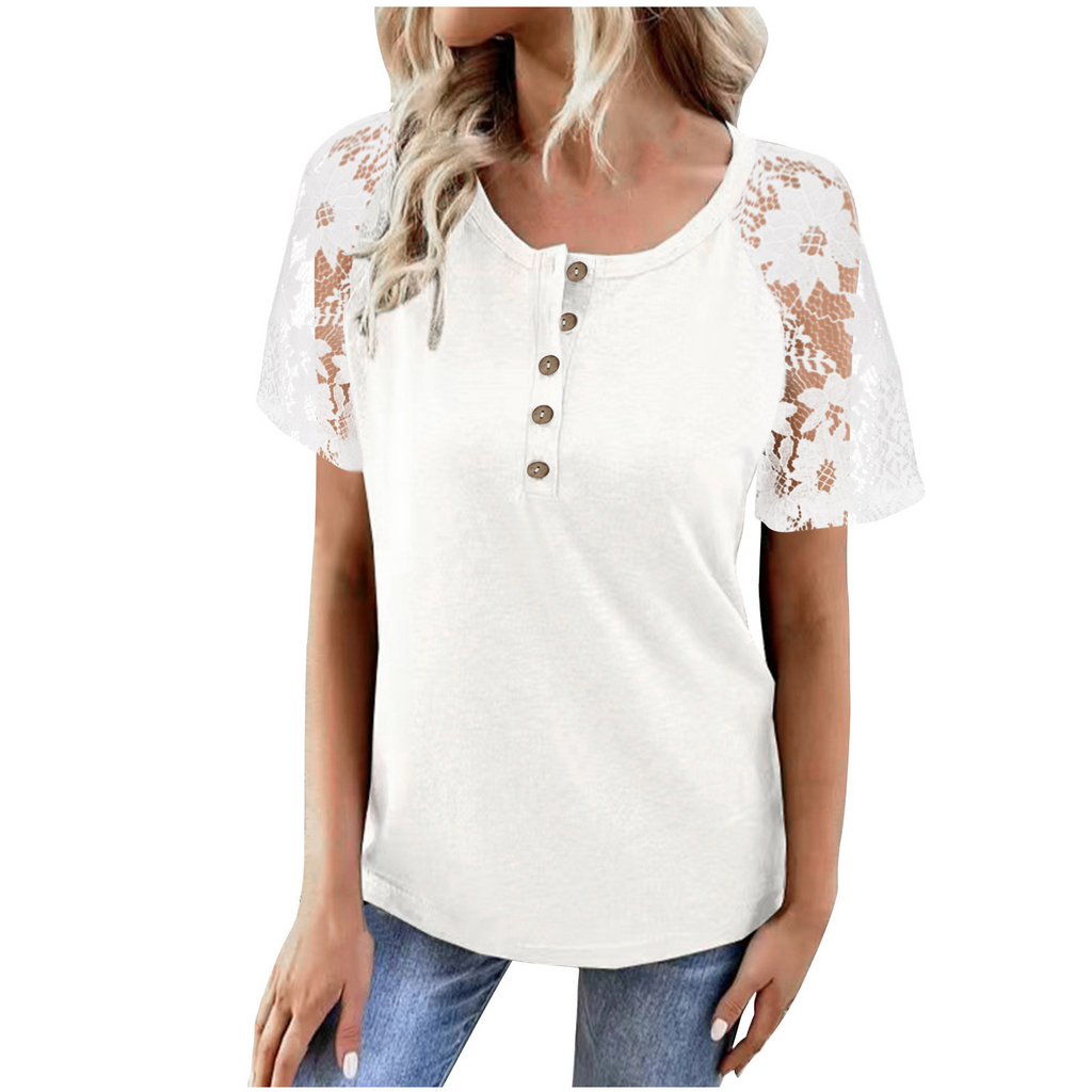 Women'S Fashion Hollow Lace Stitching Short-Sleeved T-Shirt