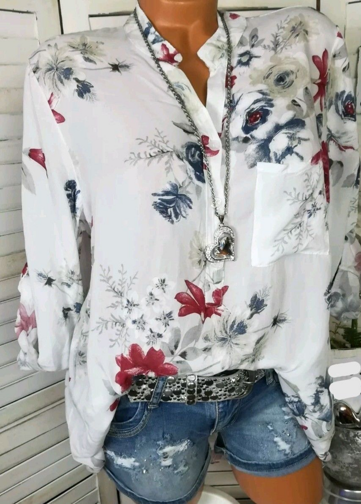 Fashion Casual Loose Floral Print V-Neck Long-Sleeved Women Blouses