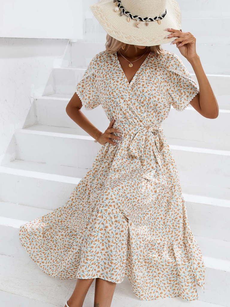 Women Fashion Casual Tiny Flower Printing V-Neck Short Sleeve Dress