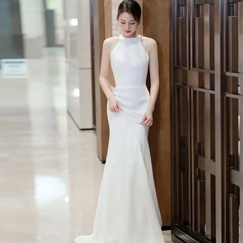 Women Satin Simple Hepburn Style Sleeveless Slim Wedding Party Fishtail Dress