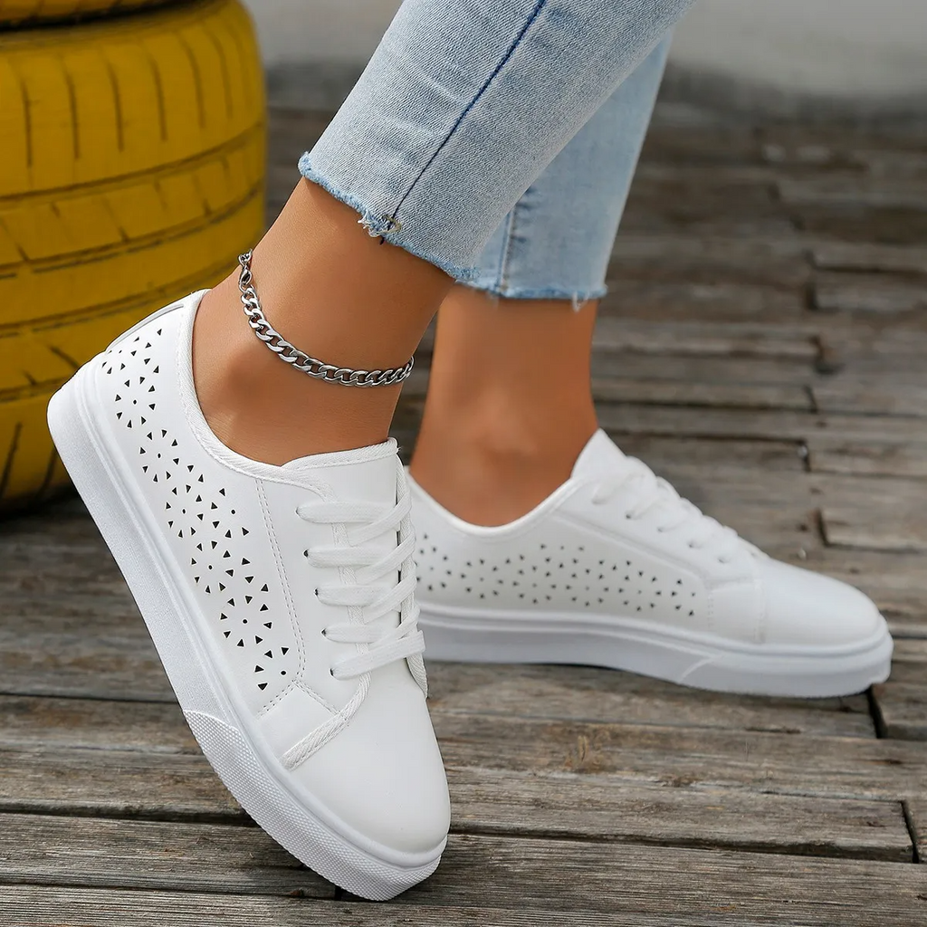 Women Fashion Solid Color Plus Size Hollow Lace-Up Round-Toe Sneakers