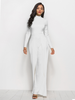 Women Solid Color Round Neck Long Sleeve Waist Slim Fashion Wide Leg Jumpsuit