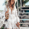 V-Neck White Lace See-Through Long-Sleeve Dress