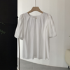 Summer Sweet Women Loose Round Neck Solid Color Puff Sleeve Blouse