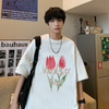 Men Fashion Casual Basic Letter Flower Pattern Short Sleeve Round Neck Loose T-Shirt