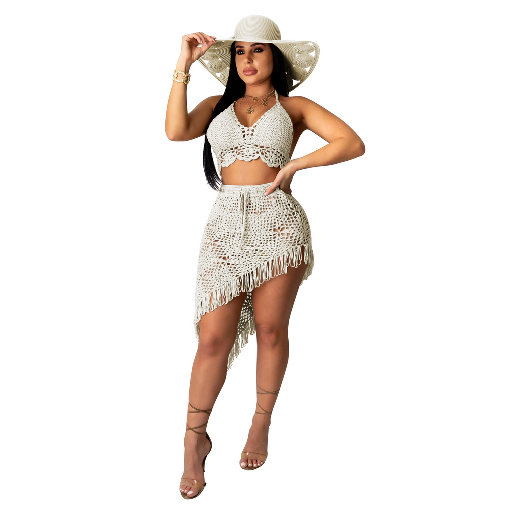 Women Sexy Casual Knitted Tassel Hollow Two-Piece Swimsuit