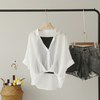 Women Fashion Solid Color Pullover See-Through Chiffon Blouse Black Camis Two-Piece Set