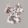 Summer Vacation Leaf Printed V-Neck Short-Sleeved Cropped Blouse Shorts Two-Piece Casual Set