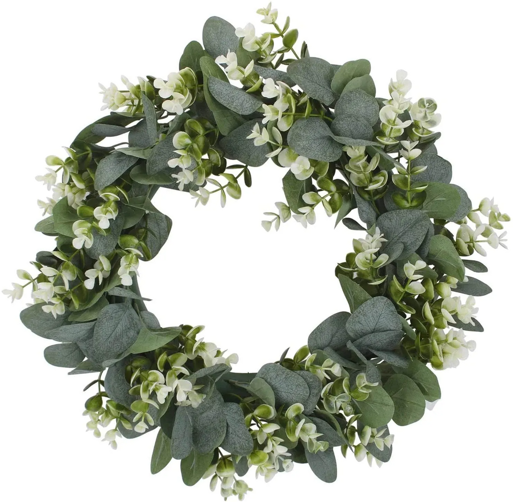 Round Green Leaf White Simulation Flower Decoration Wreath