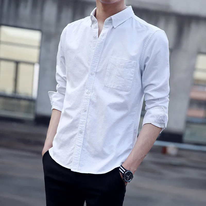 Men Casual Solid Color Single Breasted Lapel Long Sleeve Slim Shirt