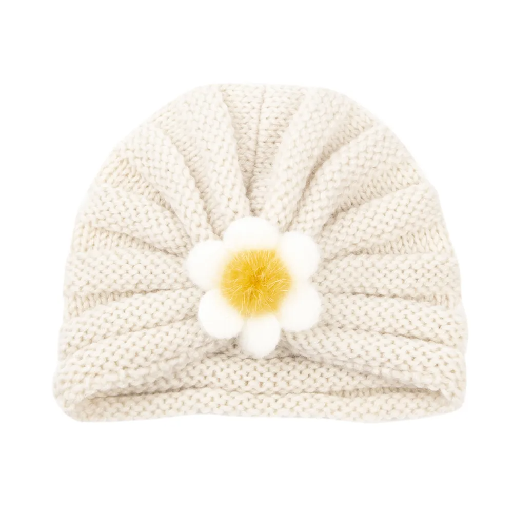 Kids Simple Solid Color Big Flower Warm Woolen Knitted Pullover Hat