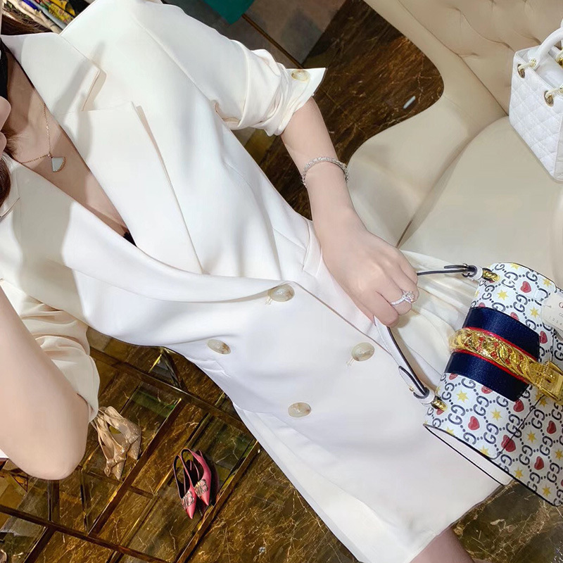 Women Fashion Pleated Double-Breasted Long Sleeve White Blazer Dress