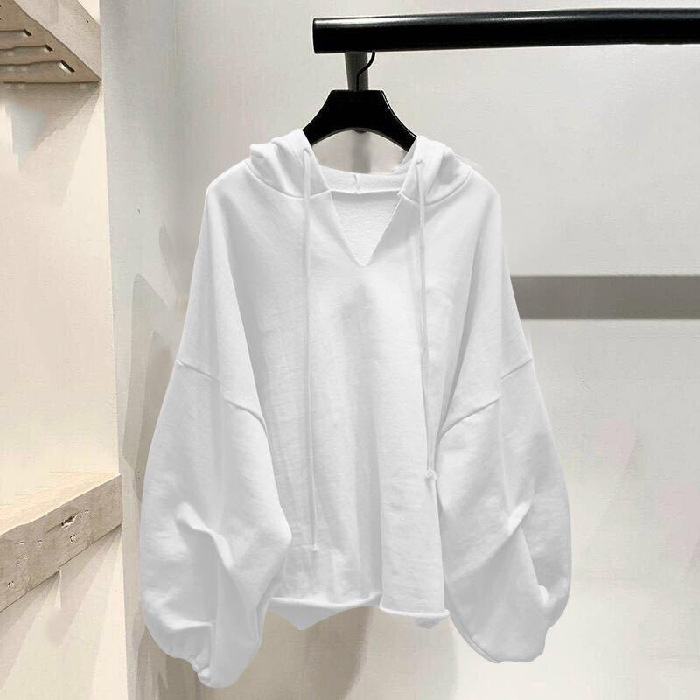 Fashion Young Women Large Size Solid Color V-Neck Puff Sleeve Loose Hoodie