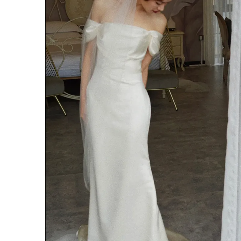 Light Wedding Dress Women White Satin Simple Elegant Small Trailing Party Dress