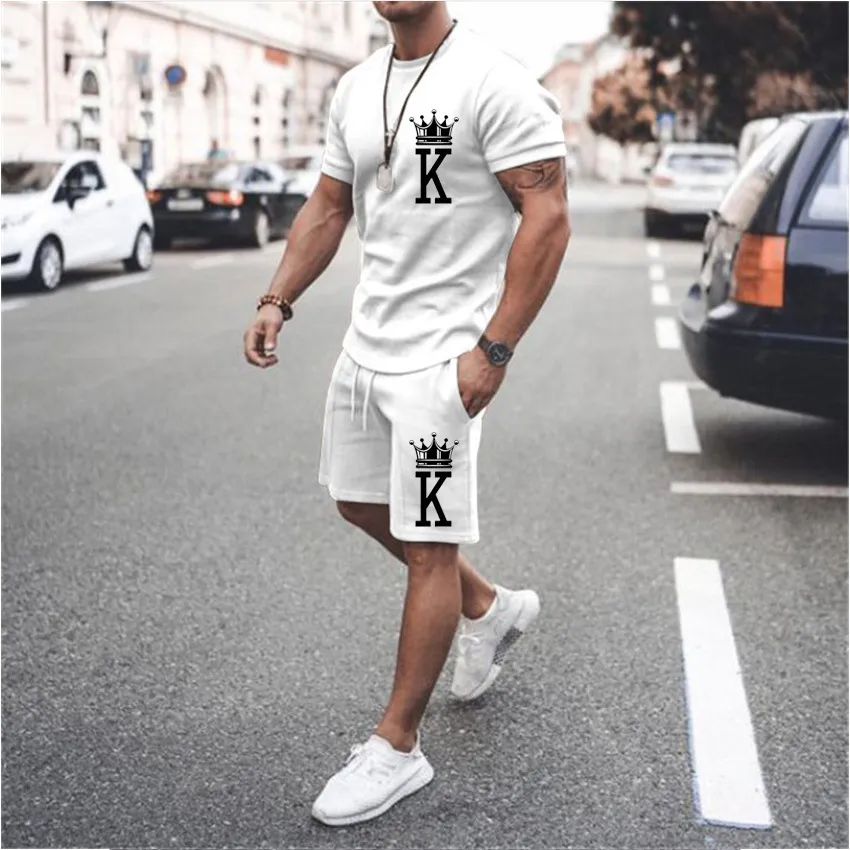 Men Basic Short Sleeve Round Neck Letter Printed T-Shirt And Drawstring Waist Shorts Two-Piece Set