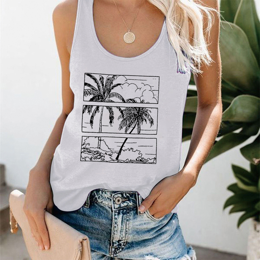 2 Pieces Women Casual Summer Vacation Large Size Coconut Tree Printing Tank Top