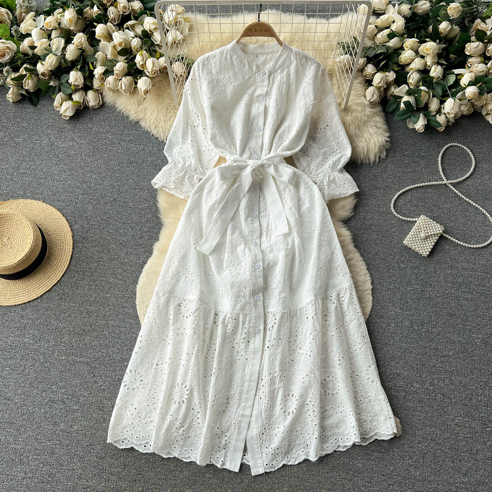 Women Elegant Boho Vacation Solid Color Embroidered Hollow Slim Cropped Sleeve Lace-Up Mid-Length Dress