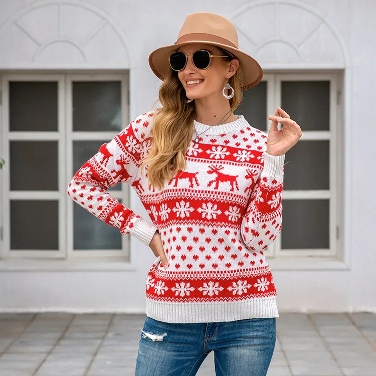 Women Winter Casual Christmas Snowflake Pattern Round Neck Long Sleeve Knitted Sweater