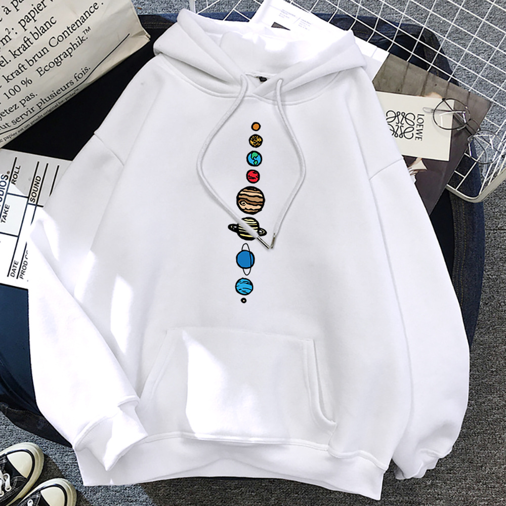 Women'S Basic Long Sleeve Hat Rope Pocket Design Solar System Printed Hoodie