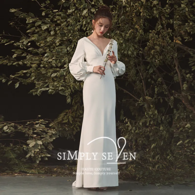 Wedding Women Temperament White Satin Long-Sleeved Evening Dress