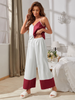 Cozy Women Lingerie Blocking Color Satin Pajamas Sleepwear