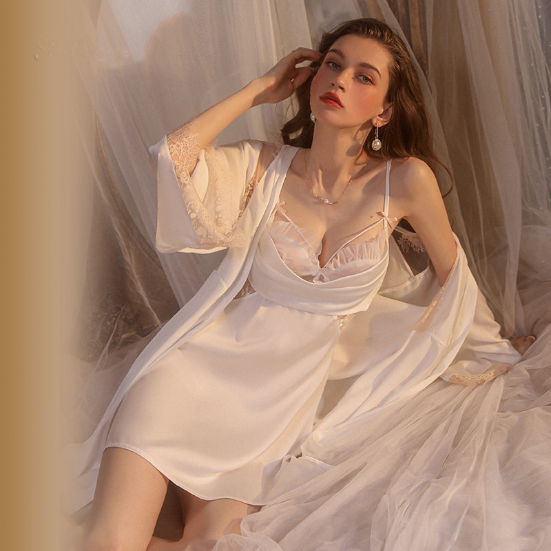 Women'S Sexy Satin Suspender Sleep Dress Robe Set