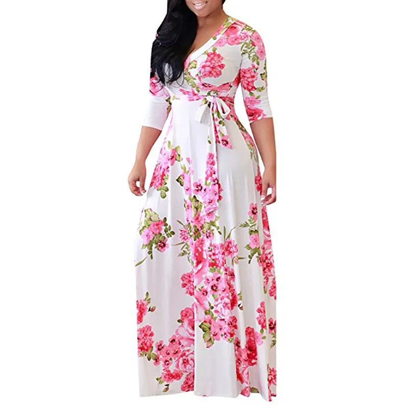 Ramadan /Eid Women Casual V-Neck Long-Sleeve Lace-Up Flower Print Maxi Swing Dress