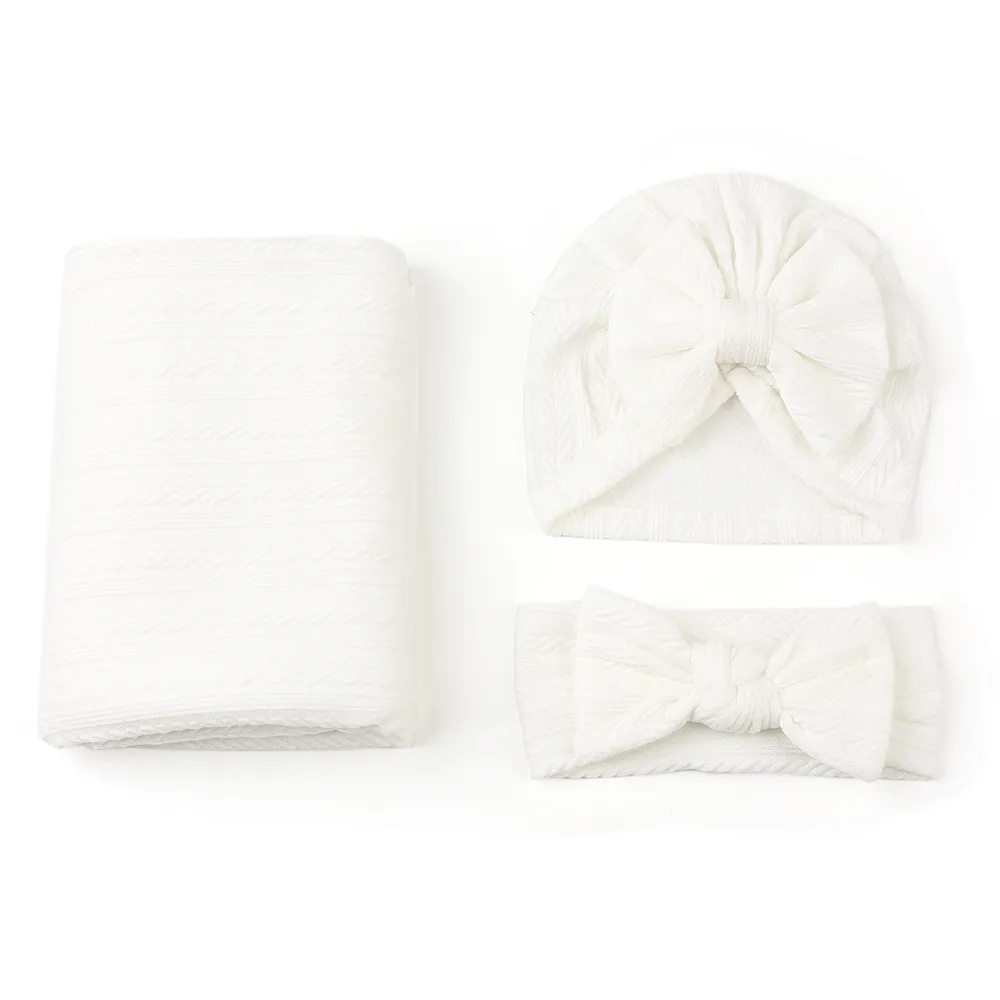 Baby Newborn Solid Color Swaddle Blanket And Turban Hat 3pcs Set