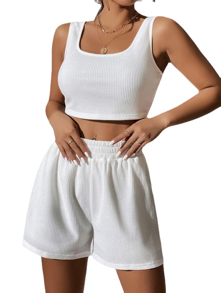 Women Fashion Casual Athleisure Summer Vacation Sleeveless Tank Top Loose Shorts Solid Color Rib-Knit Basic Set