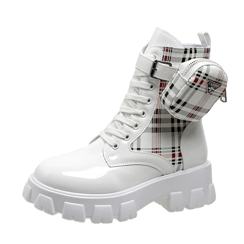 Women Fashion Plus Size Plaid Pocket Thick-Soled Martin Short Combat Boots