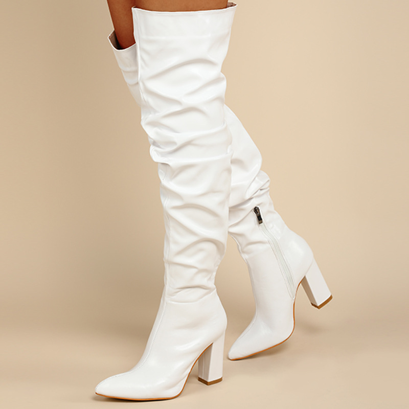 Women Fashion Irregular Creased Chunky Heel Side Zipper PU Over The Knee Boots