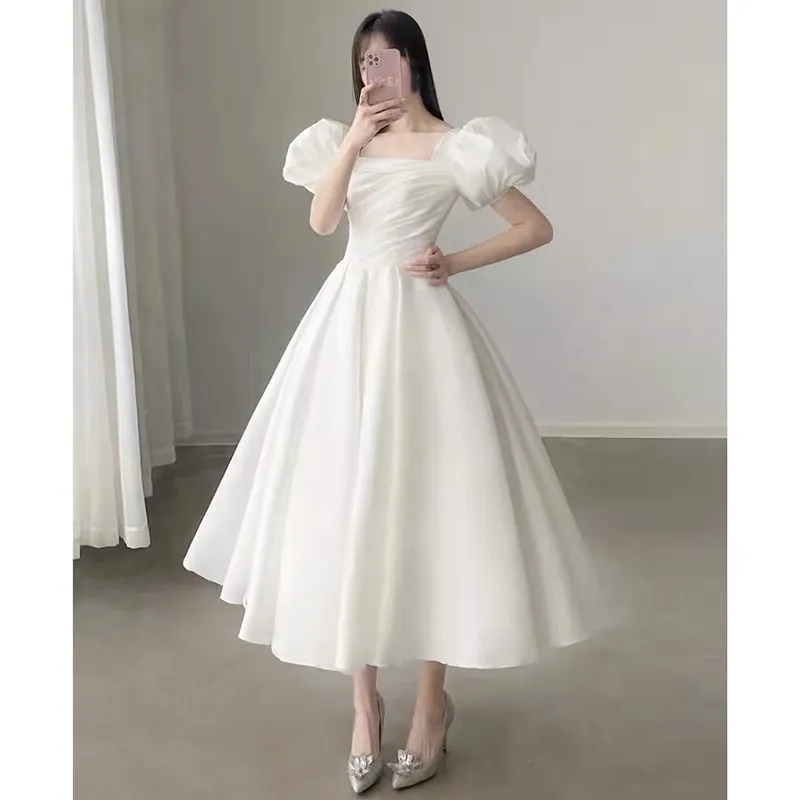 Bridal Wedding Solid Color Mid-Length Sleeve High Waist Elegant Dress