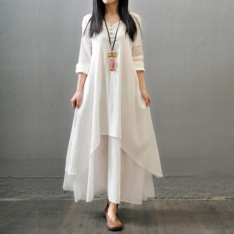 Women Ramadan /Eid Fashion Literary Solid Color Linen Long Sleeve V Neck Irregular Dress