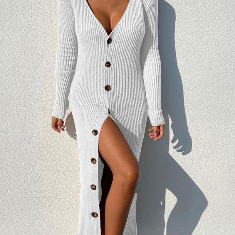 Women'S Fashion Knitted Rib-Knit Single-Breasted Long Sleeve Dress