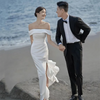 Bride Wedding Simple Temperament One Shoulder Split Mermaid Dress