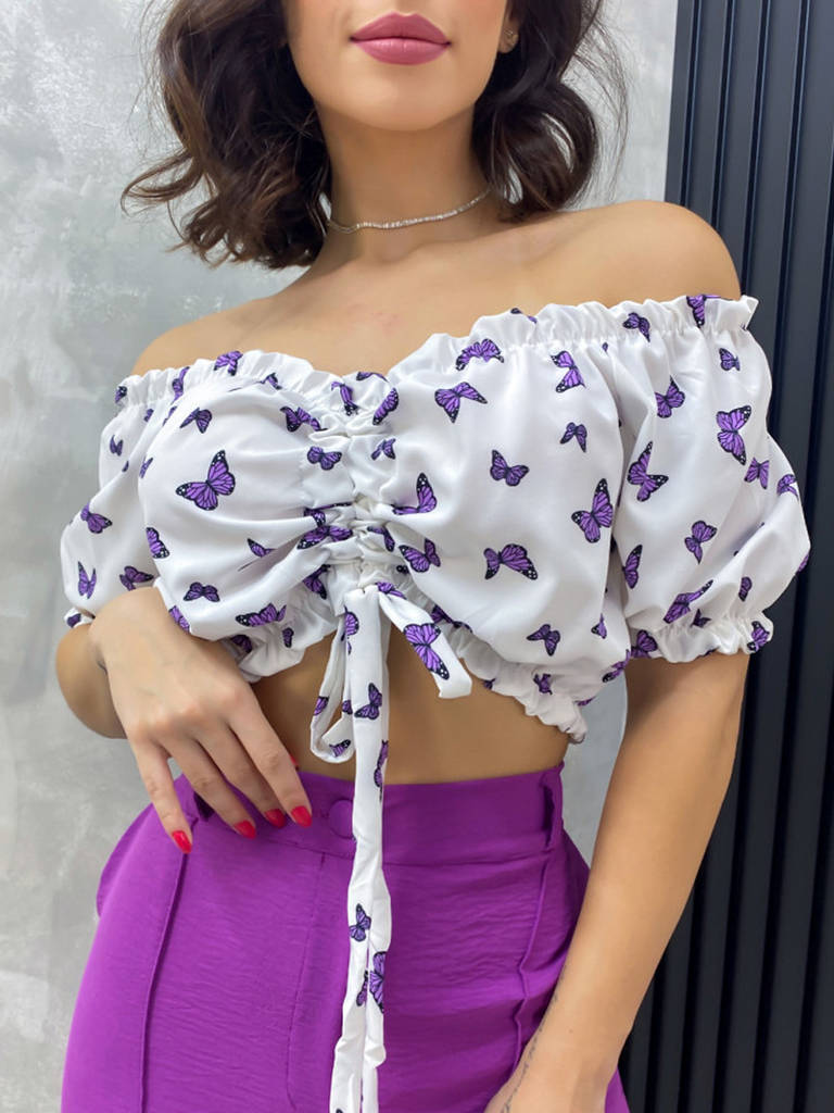 Women'S Sexy Butterfly Print Cropped Neck Cropped Shirt With Wooden Ears