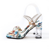 Women Fashion Sexy PU Rhinestone Floral Printed Square Toe Chunky Heel Sandals