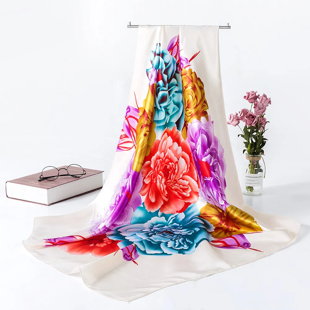 (Buy 1 Get 2 ) 90*90Cm Women'S Fashion Large Floral Print Silk Scarf