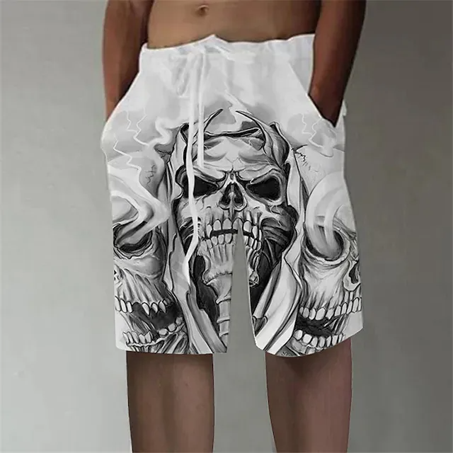 Men Casual Large Size Loose Straight Skull Printed Sports Shorts