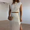 Women Pleated Half High Collar Sleeveless Top And High Waist Slit Mid Length Skirt Two-Piece Set