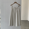 Women Summer Washed Coconut Buckle Basic Solid Color Semi-Elastic High Waist A-Line Skirt